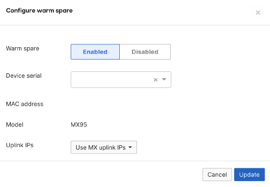 Configure Warm Spare Settings Window