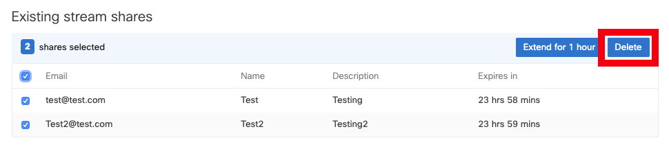 This image displays to click delete to delete a stream.