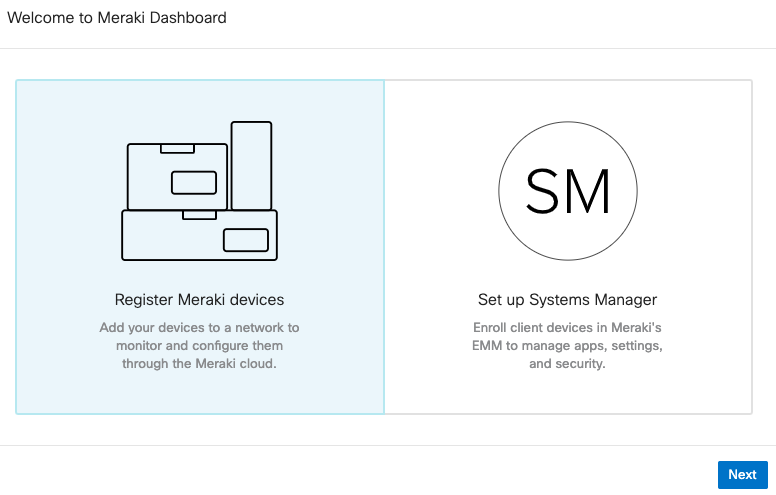 "Welcome to Meraki Dashboard" page with "Register Meraki devices" option highlighted
