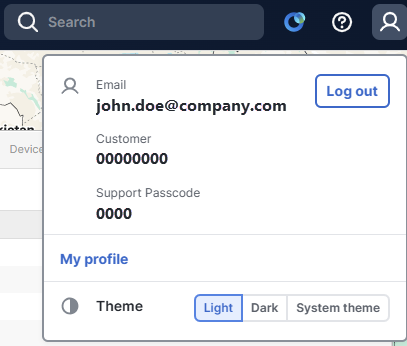 Dropdown menu from the "profile" icon showing email, customer number, and support passcode. 