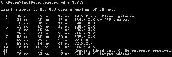 Screenshot of successful traceroute test to 8.8.8.8