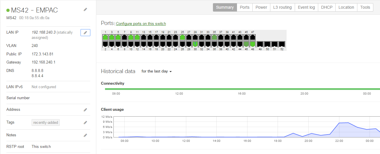 The switch status page. The pencil icon next to the LAN IP information has been highlighted for selection