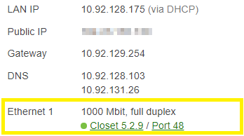 The screenshot shows the Ethernet 1 section when Meraki AP is connected to the Meraki Switch