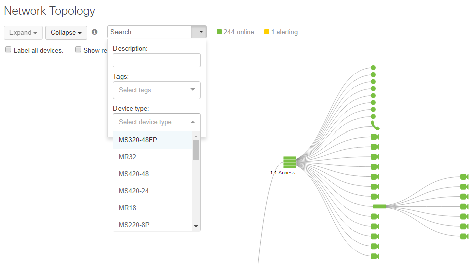 Sample Layer 2 network topology in Meraki dashboard