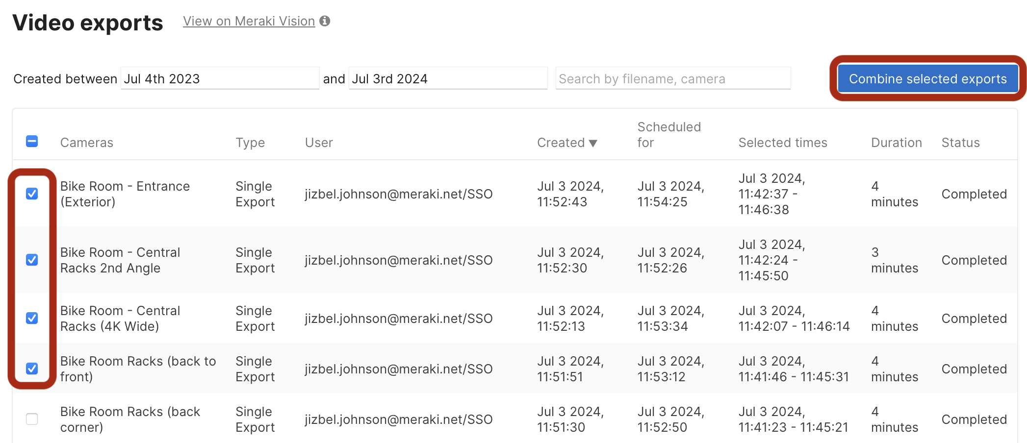 Screenshot of combined exports from the Meraki dashboard