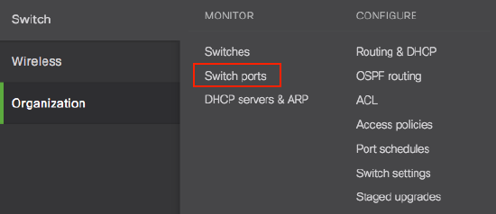Dashboard menu with 'Switch ports' circled in red