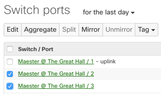 Dashboard UI Switch Ports page showing all switchports in the network with port 2 and 3 selected (checkboxed) for port mirroring