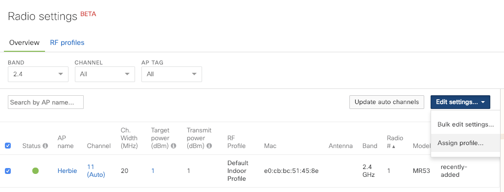 Assigning RF Profile under radio settings