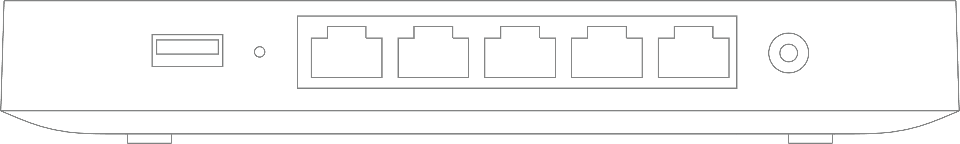 Image of back panel of the Z3 device. Image shows a rectangular box with the USB port, followed by a pin hole used for the reset to the far left, five ethernet ports and finally, the power inlet.