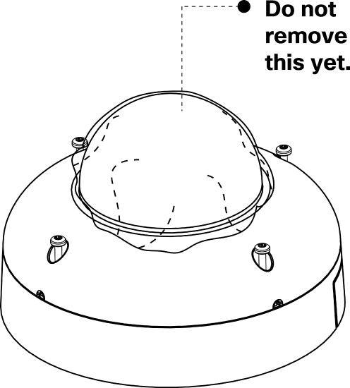 Image showing instructions to remove the dome cover by loosening the Torx screws while keeping the protective plastic sticker on the camera bubble.