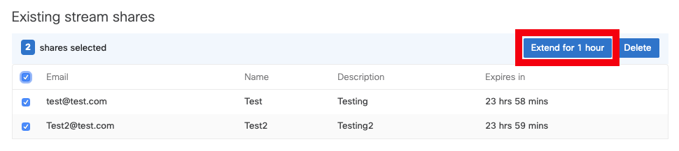 This image shows the option to extend live stream access by clicking 'Extend for 1 hour.