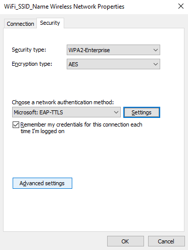 Choose a network authentication method: Microsoft: EAP-TTLS