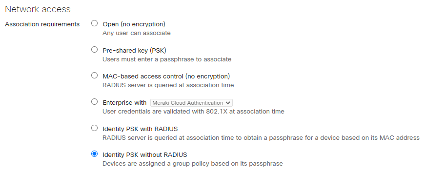 The screenshot shows Identity PSK without RADIUS option selected in the Network Access section