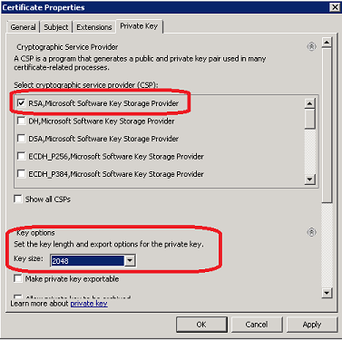 Certificate properties, Private Key tab. Expanded "Cryptographic Service Provider" to select "RSA, Microsoft Software Key Storage Provide" is only option checked with "Key options: Key size" set to 2048 from dropdown.