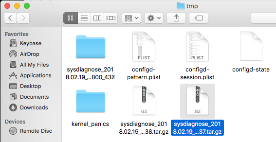 Screenshot of the Finder window. The tmp folder is selected, which includes the sysdiagnose file.