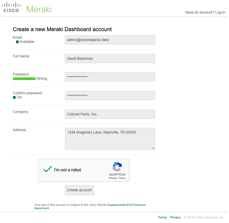 "Create a new Meraki Dashboard Account" page with sample data from step 4 entered on the page.