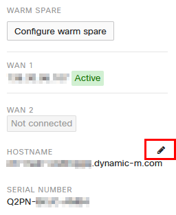 Screenshot of the appliance status page showing the DDNS hostname. The pencil icon is highlighted, which allows the hostname to be edited.