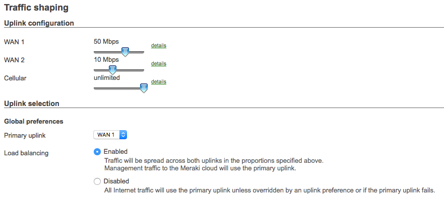 Screenshot from dashboard traffic shaping page showing all available uplink configuration and uplink selection options.