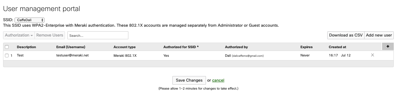 Screenshot of the User management portal. The SSID in question is selected, and the "Add new user" option is located on the top right.