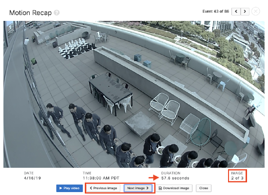 This image displays multiple Motion Recap images for an event with sporadic motion or lasting over 30 seconds, allowing users to toggle between images.