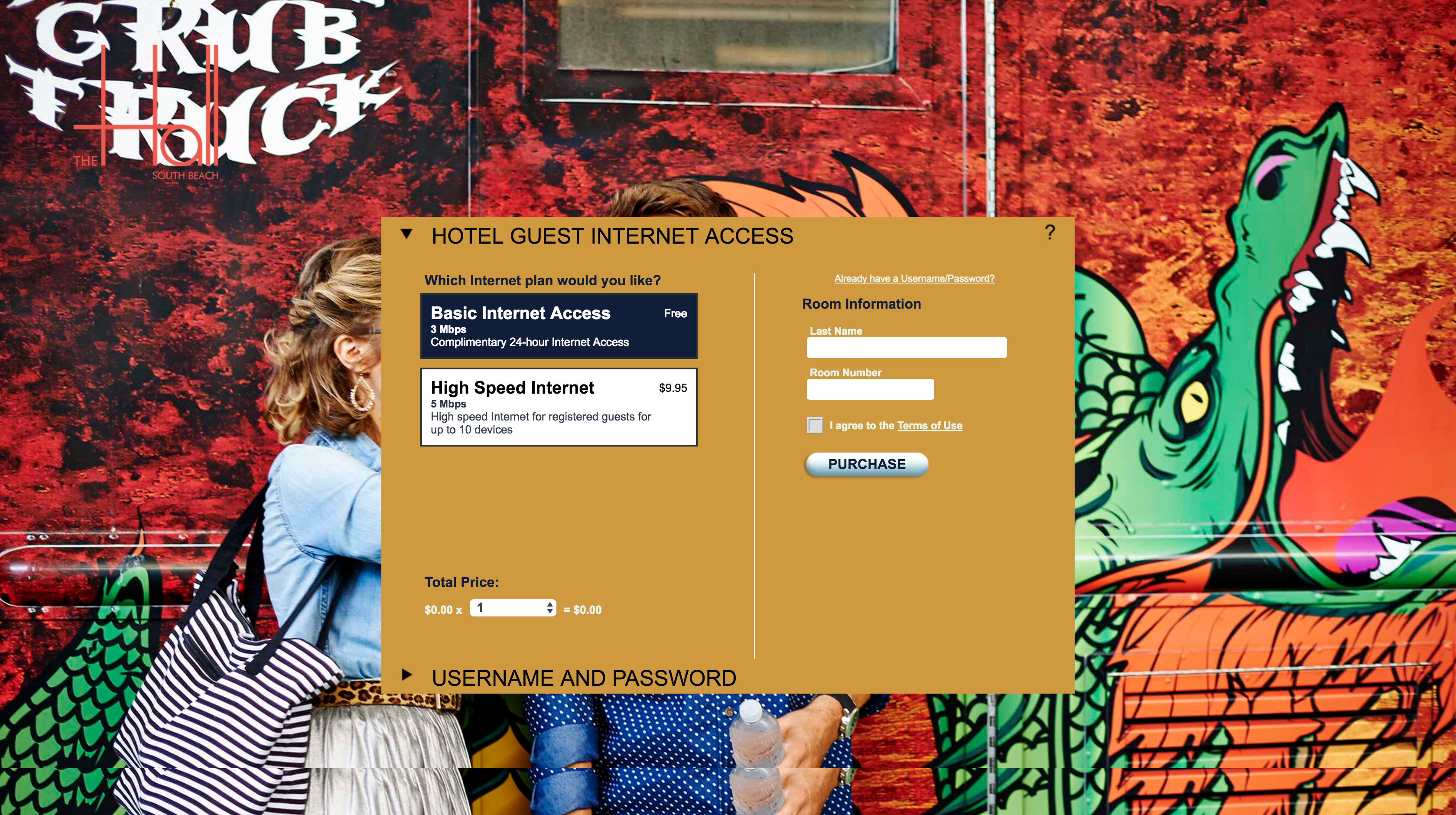 Example of an eleven wifi access code splash page with billing and PMS authentication enabled.