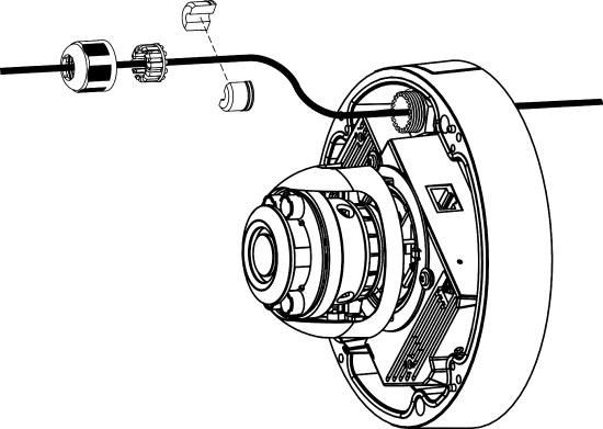 This image demonstrates the steps to disassemble and reassemble the cable gland for creating a moisture-proof seal when connecting a PoE+ RJ45 cable to the camera.