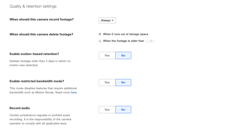 The image shows that new schedules cannot be created on this page and instructs users to go to the individual camera’s settings page in manual configuration to create schedules.
