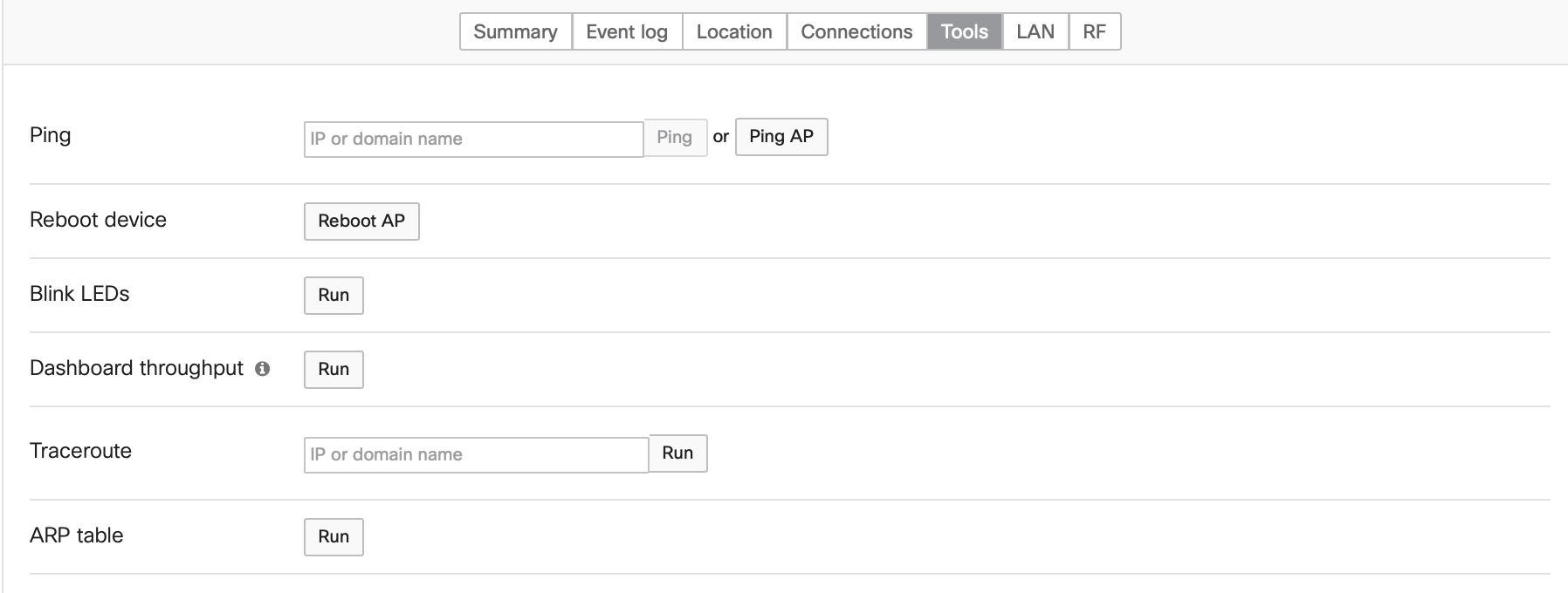 Screenshot shows MR Tools Tab under which you can perform various functions such as ping, reboot device, blink LEDs, trace-route etc.