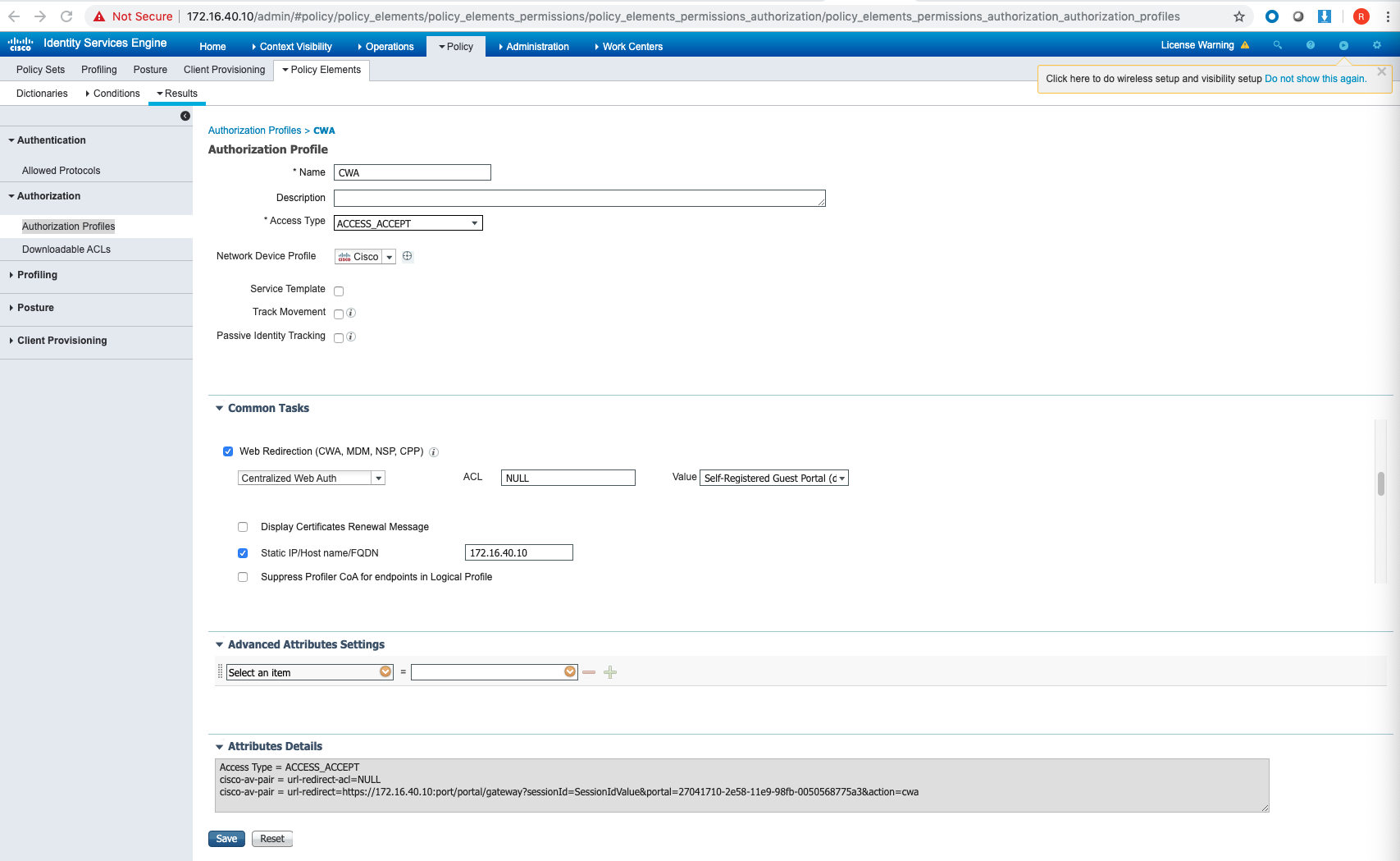 Screenshot of configuring the new Authorization profile with a new name, common task section select Web Redirection by choosing Centralized Web Auth, and on ACL add NULL and for Value enable it for Self-Registered..png