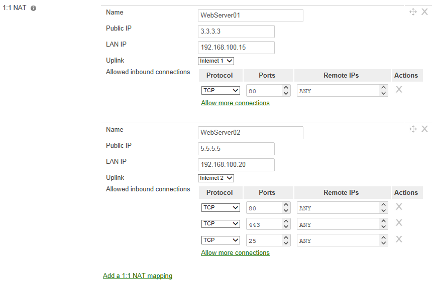 Screenshot from dashboard page, Security and SD-WAN > Firewall > 1:1 NAT.