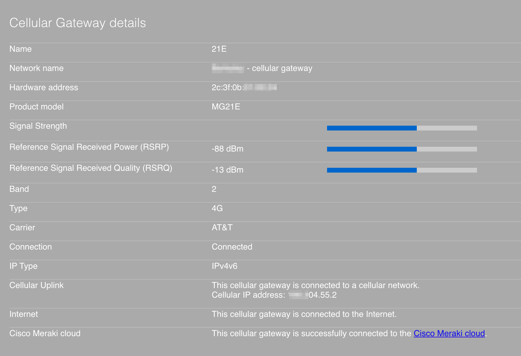Example of an MG21 cellular gateway details local status page.