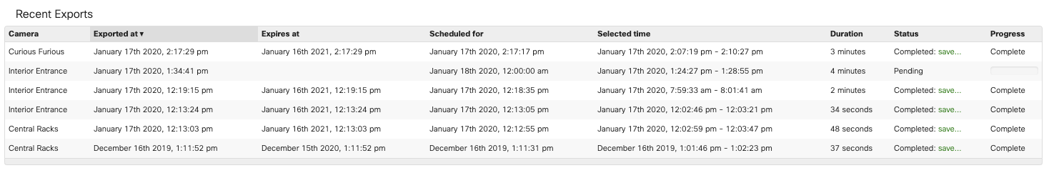 The image shows how to monitor export status, download exports, copy links, delete exports, or calculate checksums from the recent exports page.