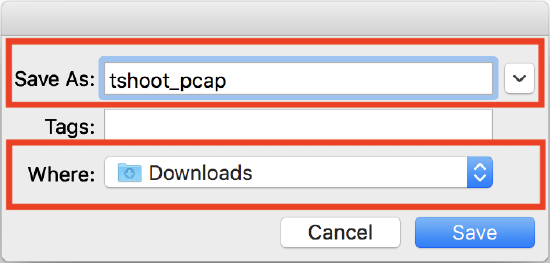 Wireshark UI depicting where to save a pcap file